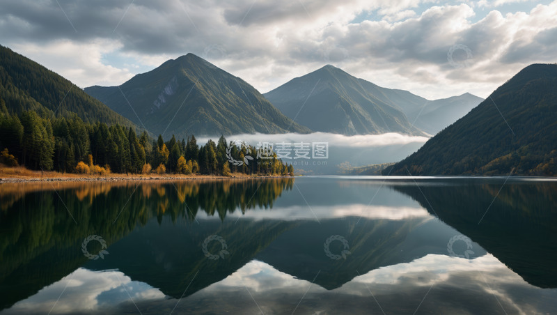 高清大图下载【趣麦麦图】山林环绕的静谧湖泊景观