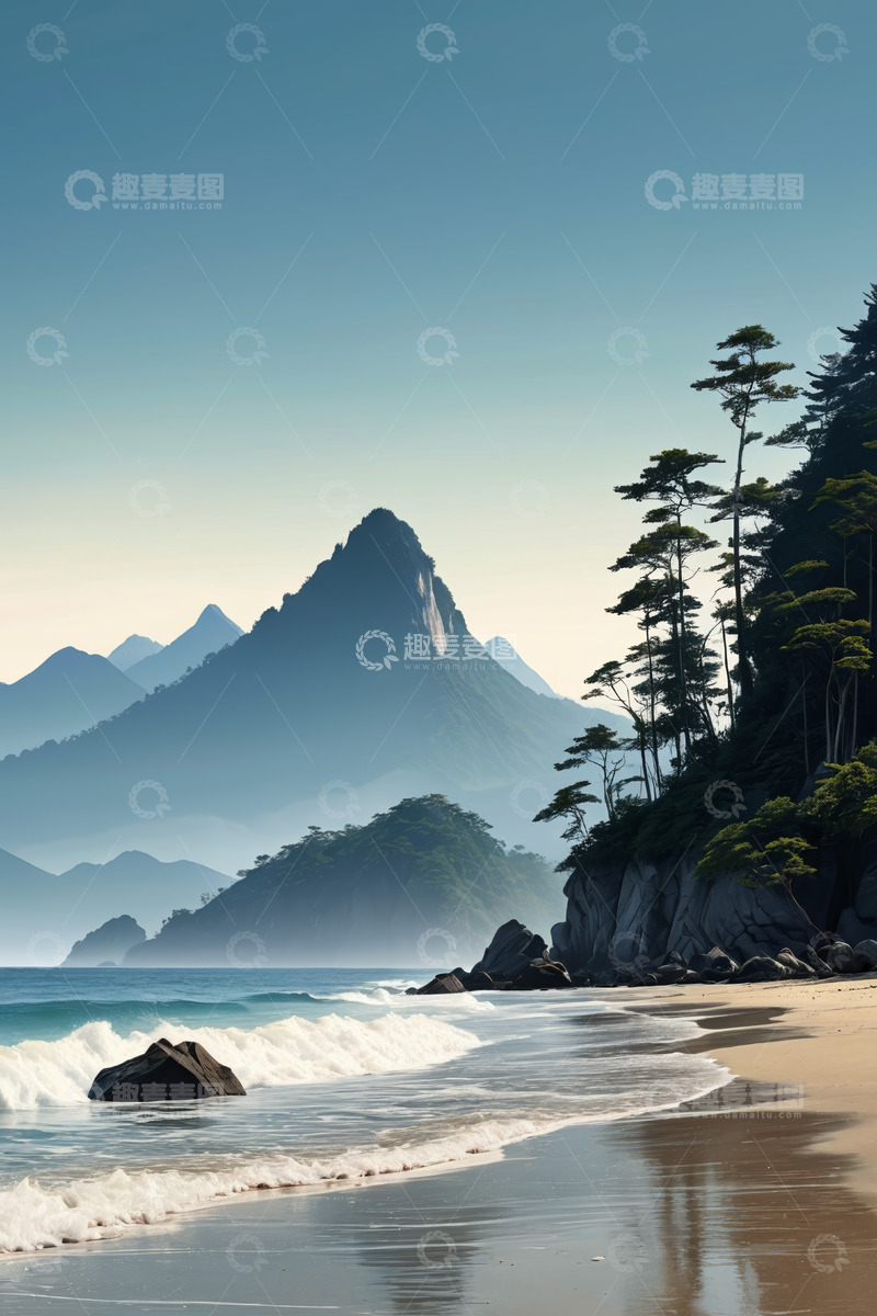 高清大图下载【趣麦麦图】山海相依的海滩风景