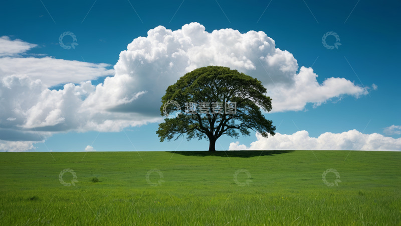 高清大图下载【趣麦麦图】草原上的孤树与蓝天白云