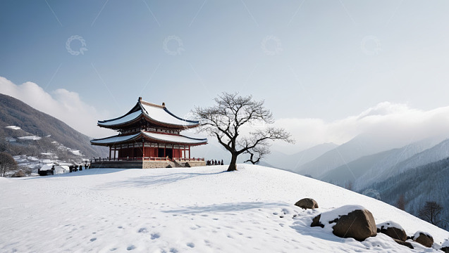 雪中山间古建筑风景