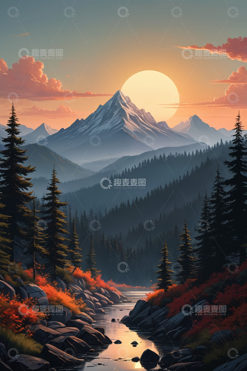 高清大图下载【趣麦麦图】山林间日落自然风光