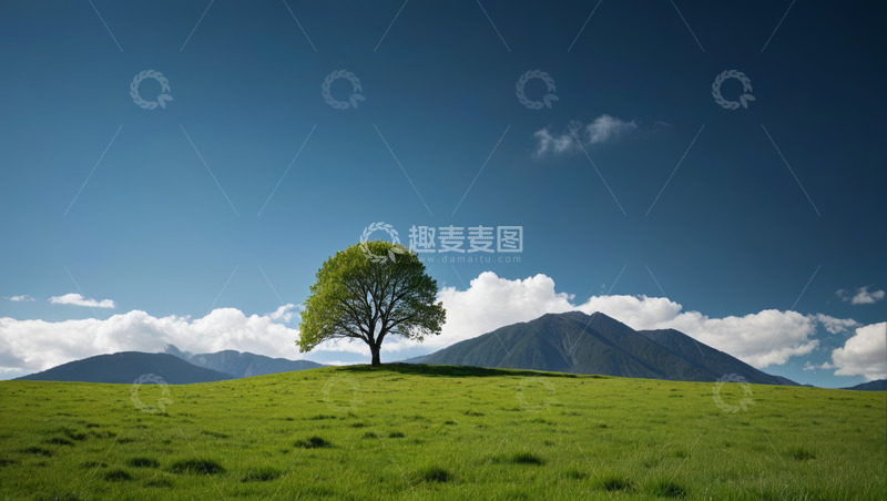高清大图下载【趣麦麦图】草原上一棵独立的树与远山