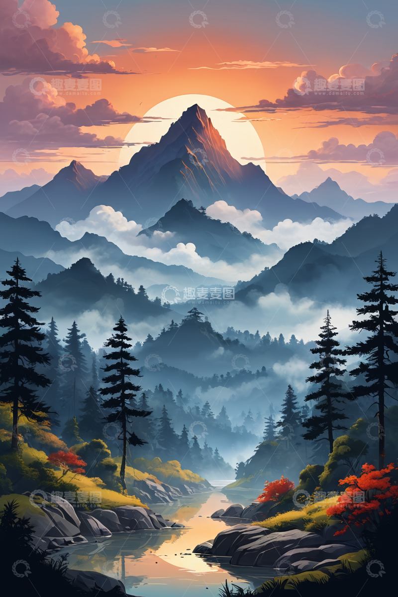 高清大图下载【趣麦麦图】夕阳下的山林与河流景观