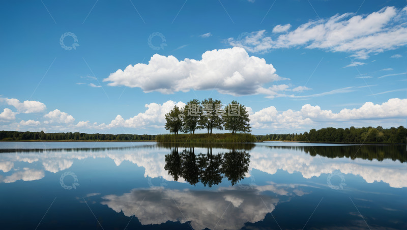 高清大图下载【趣麦麦图】湖畔蓝天白云树木倒影景观