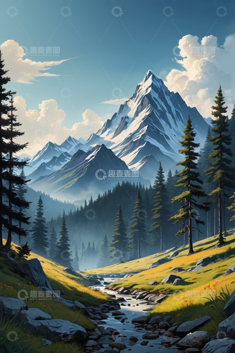 高清大图下载【趣麦麦图】山林间溪流与雪山风景