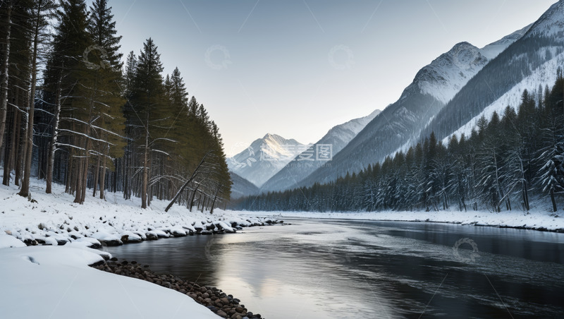 高清大图下载【趣麦麦图】冬日雪山森林旁的河流景观