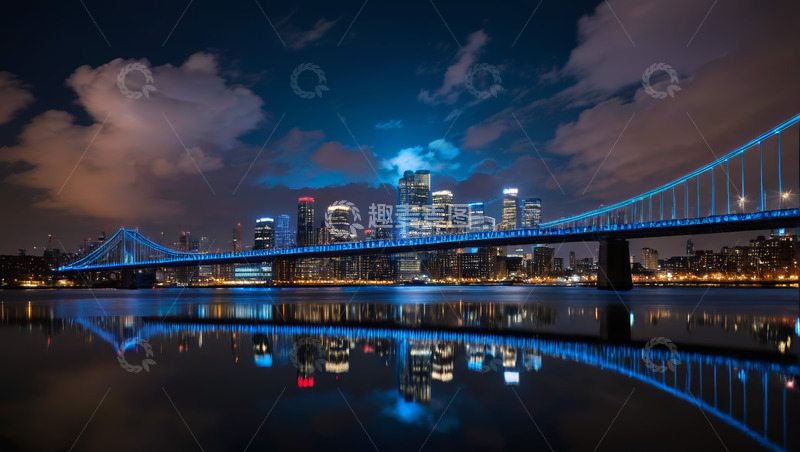 高清大图下载【趣麦麦图】夜晚城市桥梁与建筑倒影景观