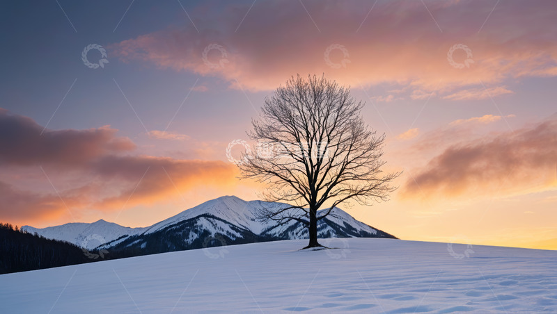 高清大图下载【趣麦麦图】雪地孤树与远处雪山的黄昏景象