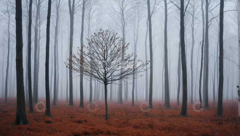 高清大图下载【趣麦麦图】迷雾笼罩的森林与孤树景观