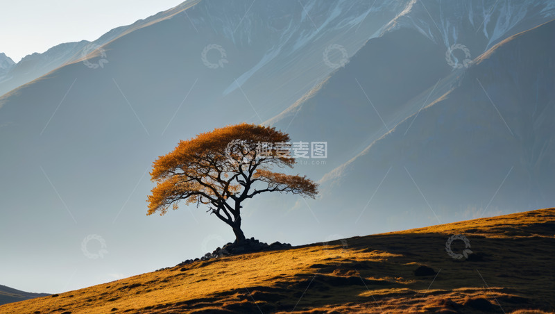 高清大图下载【趣麦麦图】山坡上的孤树与远山景色