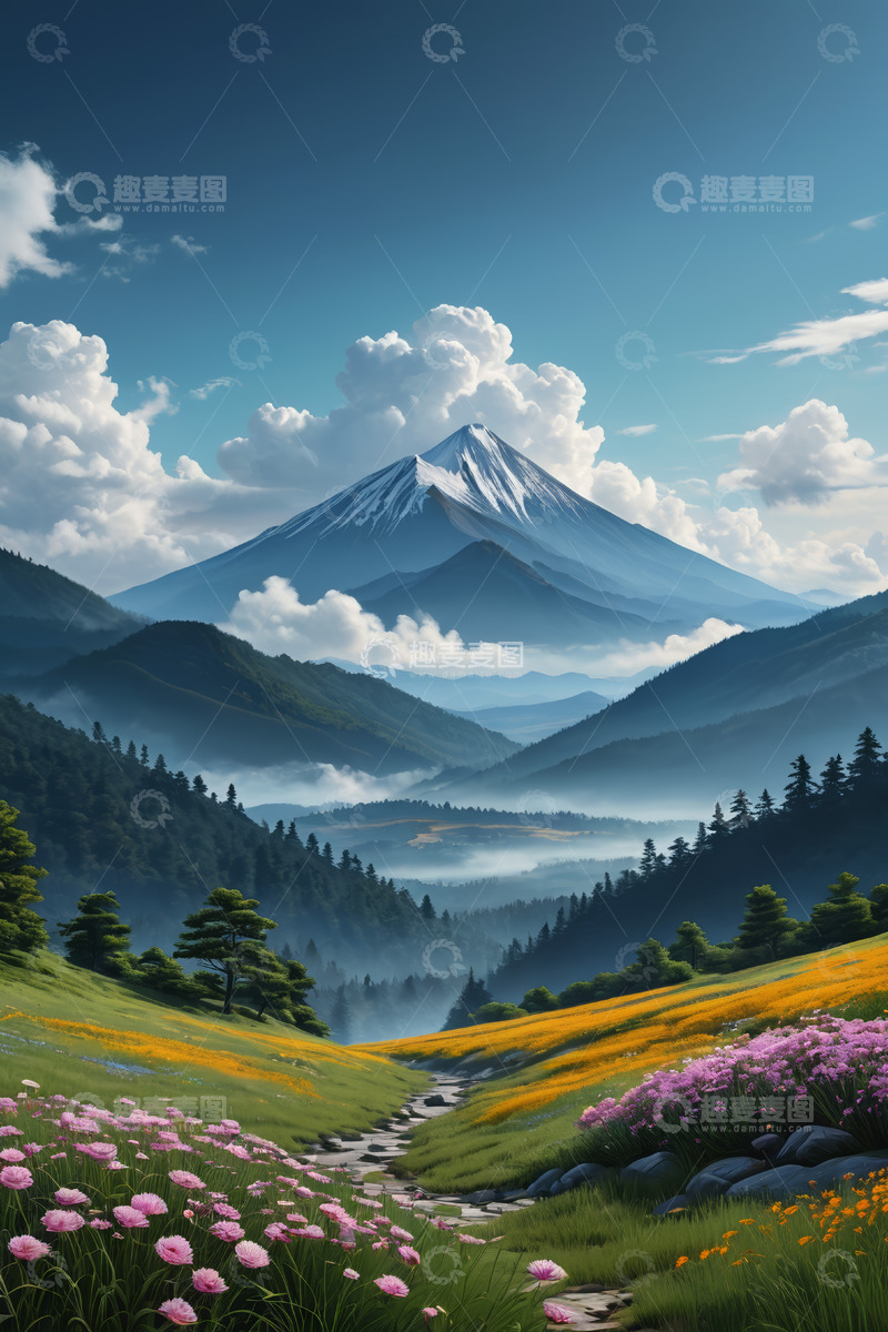 高清大图下载【趣麦麦图】山间花海与雪山远景风光