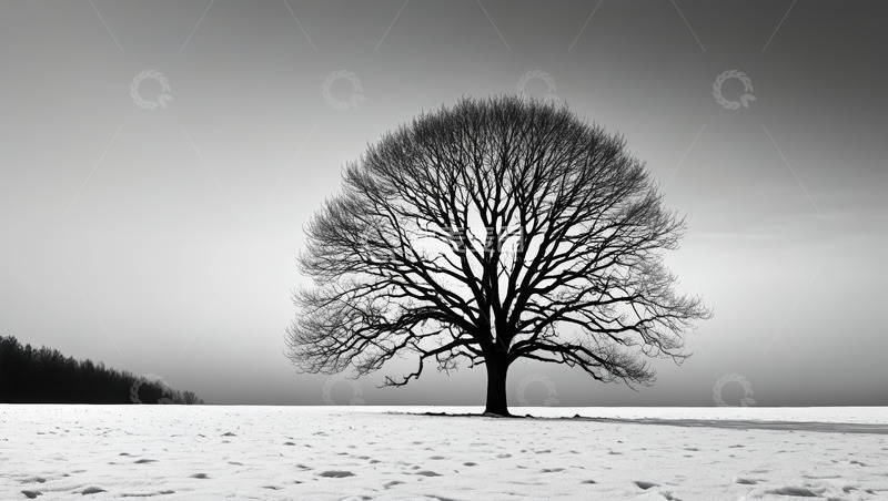 高清大图下载【趣麦麦图】雪地中孤独的无叶大树