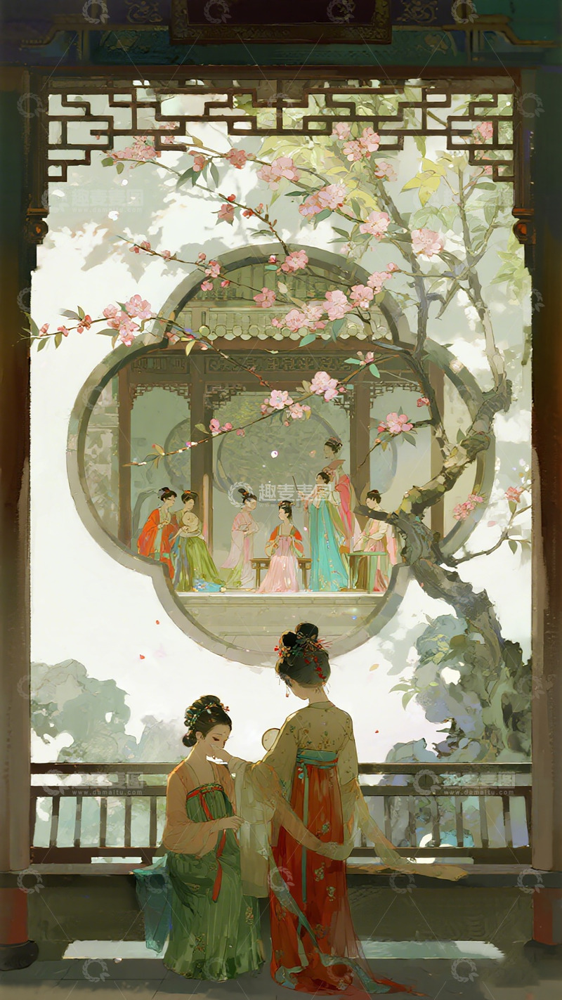 高清大图下载【趣麦麦图】古风庭院仕女图