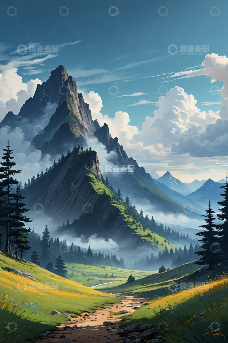 高清大图下载【趣麦麦图】山间草地与云雾缭绕的山峰