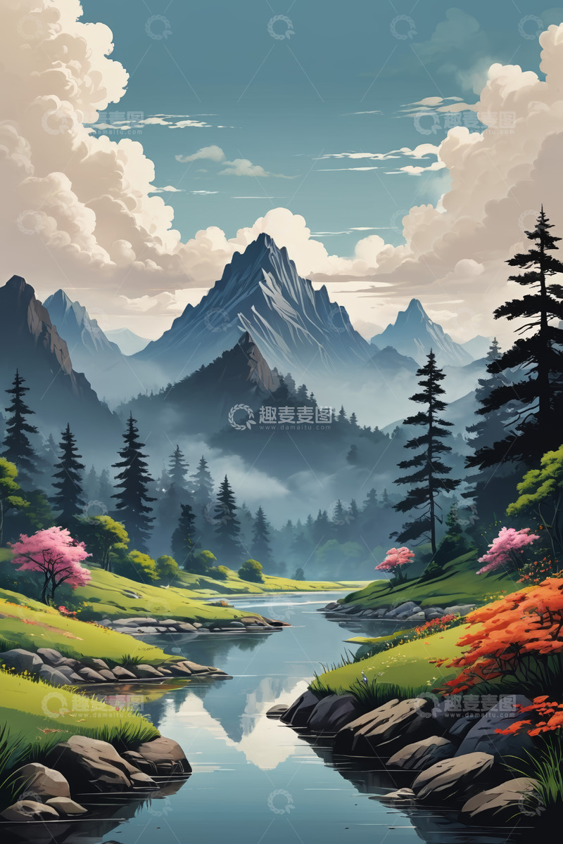 高清大图下载【趣麦麦图】山林间河流自然风光