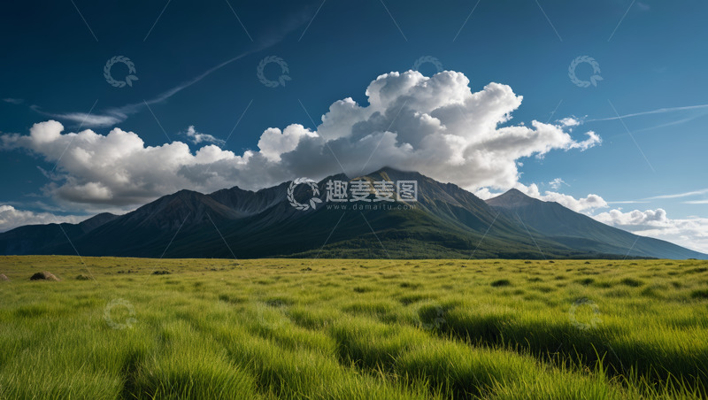 高清大图下载【趣麦麦图】草原上的巍峨山脉与蓝天