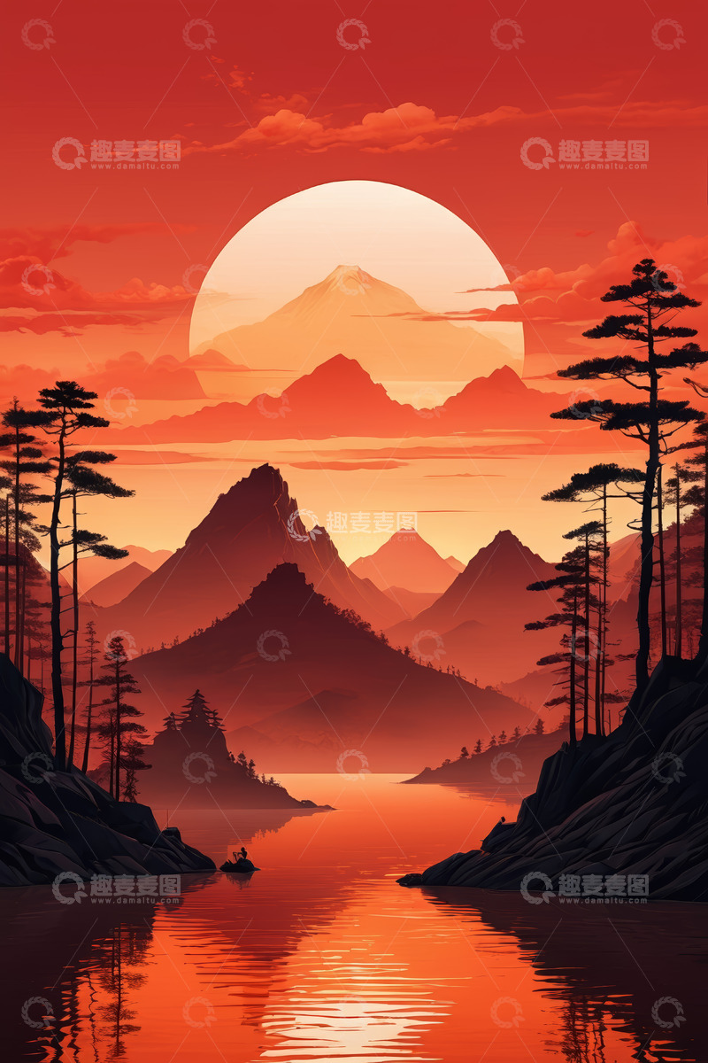 高清大图下载【趣麦麦图】夕阳下山水湖泊自然风光