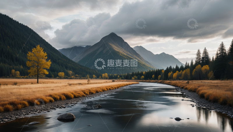 高清大图下载【趣麦麦图】山间河流与秋色森林景观