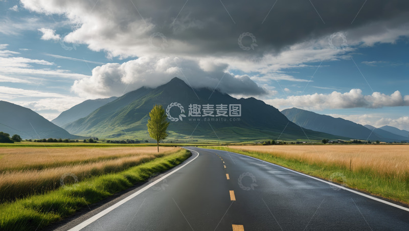 高清大图下载【趣麦麦图】田野间蜿蜒道路与远山景观