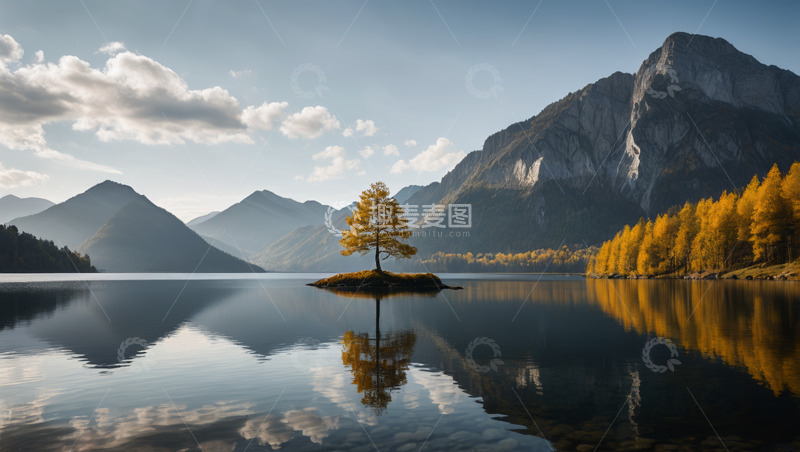 高清大图下载【趣麦麦图】湖心小岛孤树山水风光