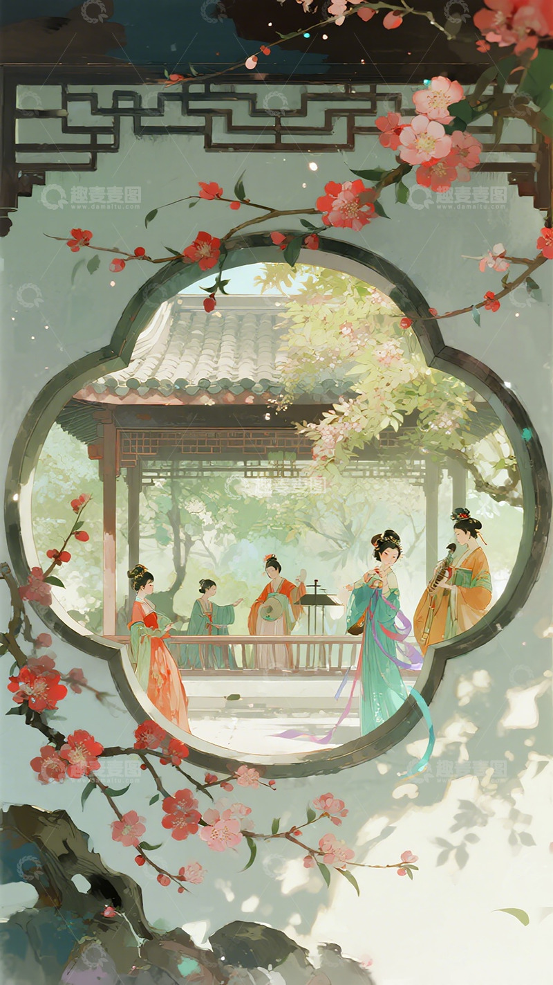 高清大图下载【趣麦麦图】古典园林美人图插画素材