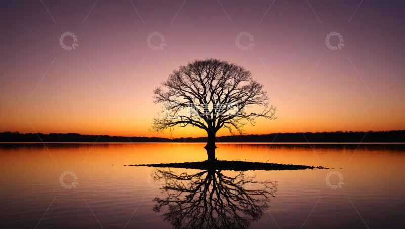 高清大图下载【趣麦麦图】湖畔孤树日落景象