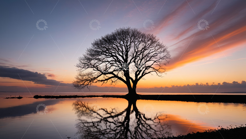 高清大图下载【趣麦麦图】水边孤树与绚丽晚霞景观