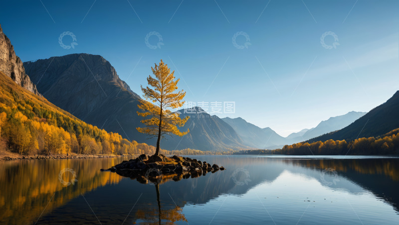 高清大图下载【趣麦麦图】湖畔孤树与远山秋景
