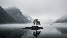 湖心孤树山水雾景