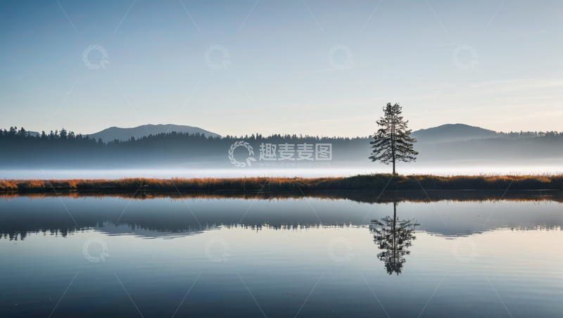高清大图下载【趣麦麦图】湖畔孤树与山林倒影风景
