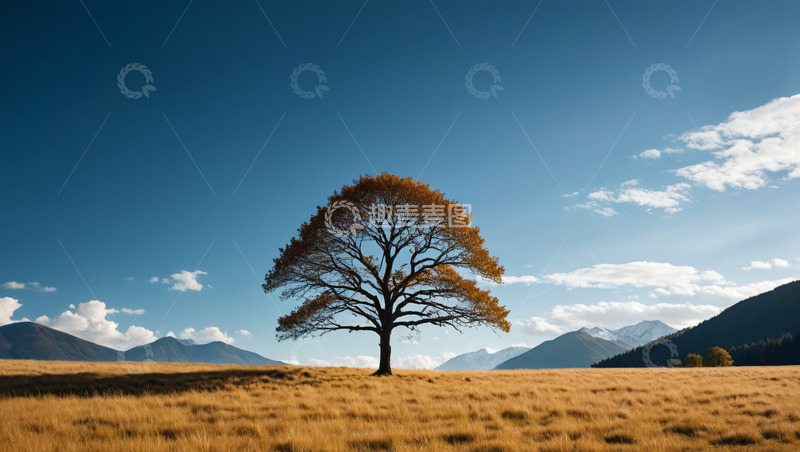 高清大图下载【趣麦麦图】旷野中孤树与远山风景