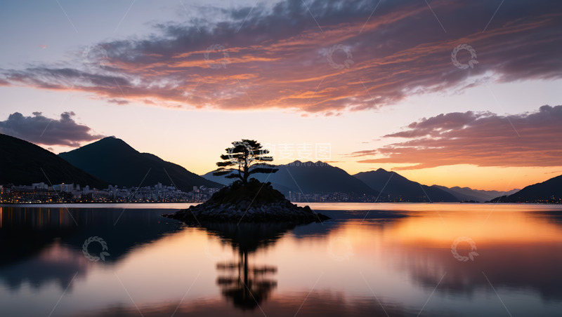 高清大图下载【趣麦麦图】湖心小岛日落风景