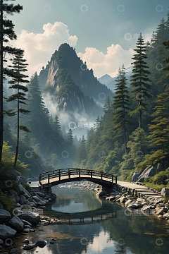 山林间河流上的木桥景观