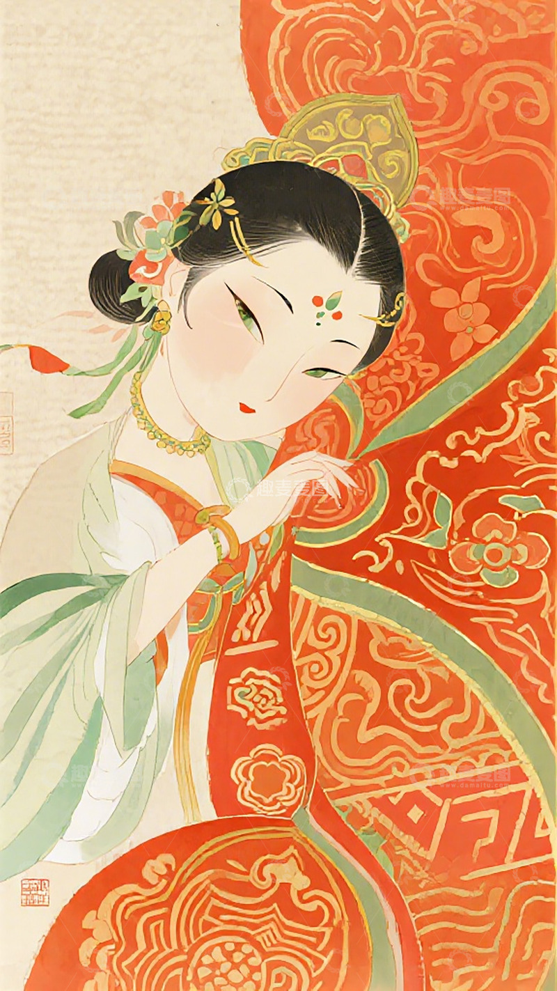 高清大图下载【趣麦麦图】古典风格仕女插画设计素材