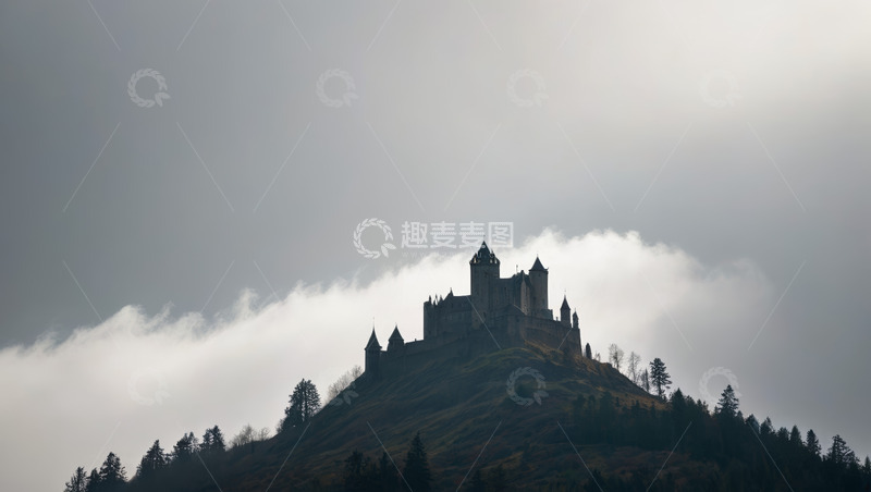 高清大图下载【趣麦麦图】山顶城堡与云雾森林景观
