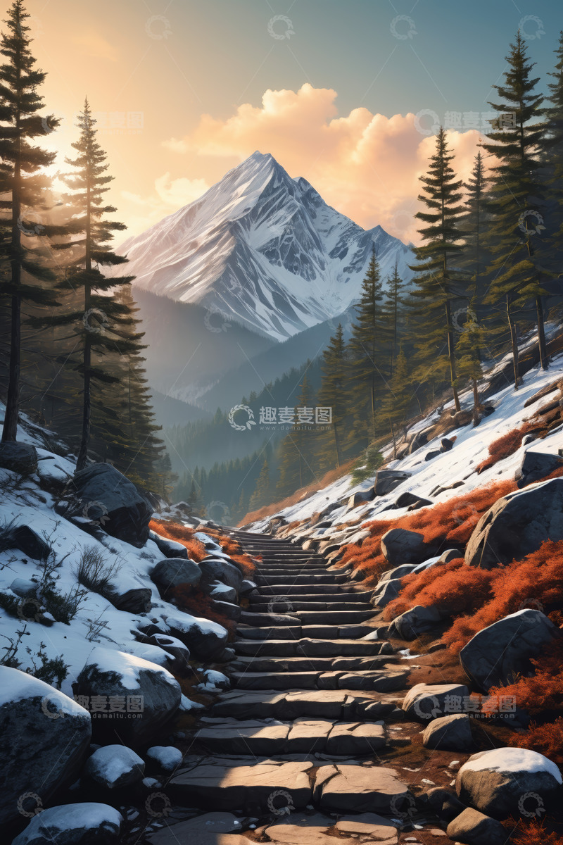 高清大图下载【趣麦麦图】雪山下森林中的石阶小路