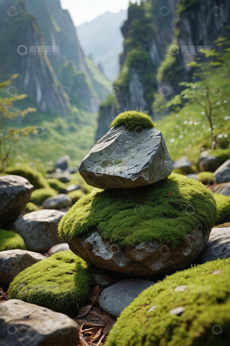 高清大图下载【趣麦麦图】山间覆满苔藓的堆叠岩石