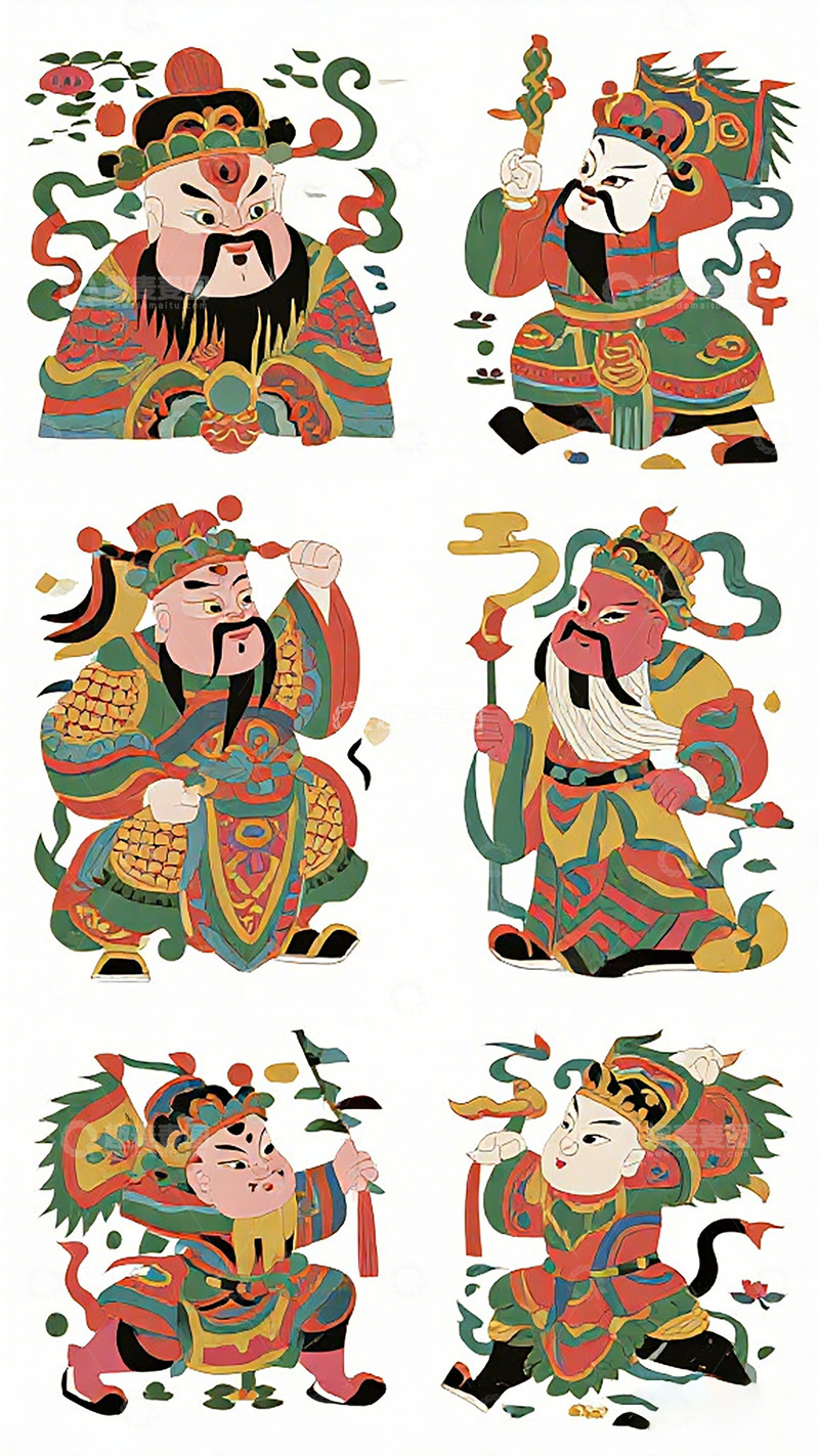 高清大图下载【趣麦麦图】传统门神年画插画设计元素