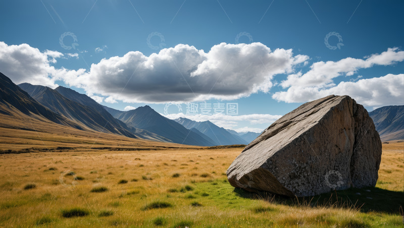 高清大图下载【趣麦麦图】草原上的巨石与远处山峦景观