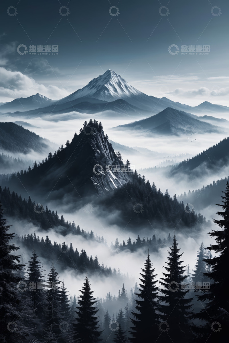 高清大图下载【趣麦麦图】云雾缭绕的山林与远山景观