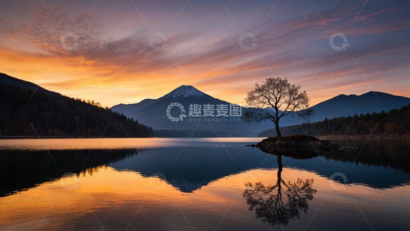 高清大图下载【趣麦麦图】湖畔孤树与远山的黄昏景致