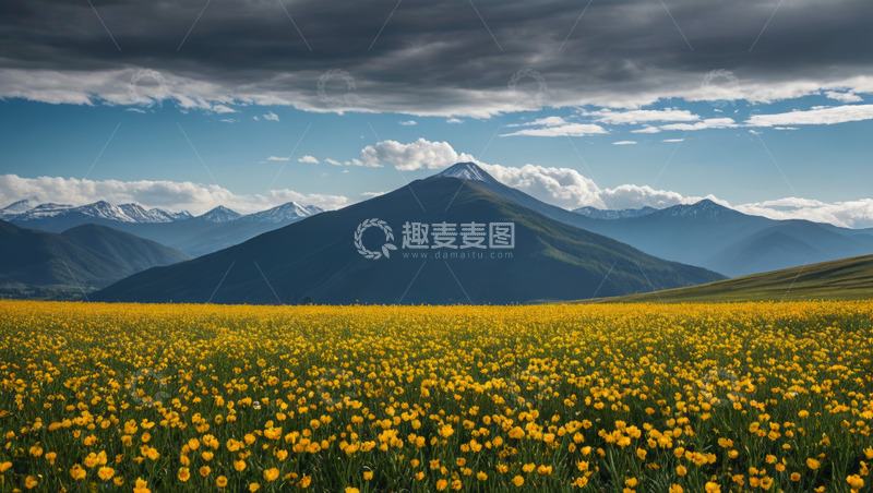 高清大图下载【趣麦麦图】山间黄色花海与远山风景