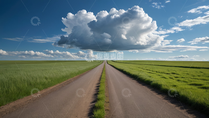 高清大图下载【趣麦麦图】草原中的宽阔道路与蓝天白云