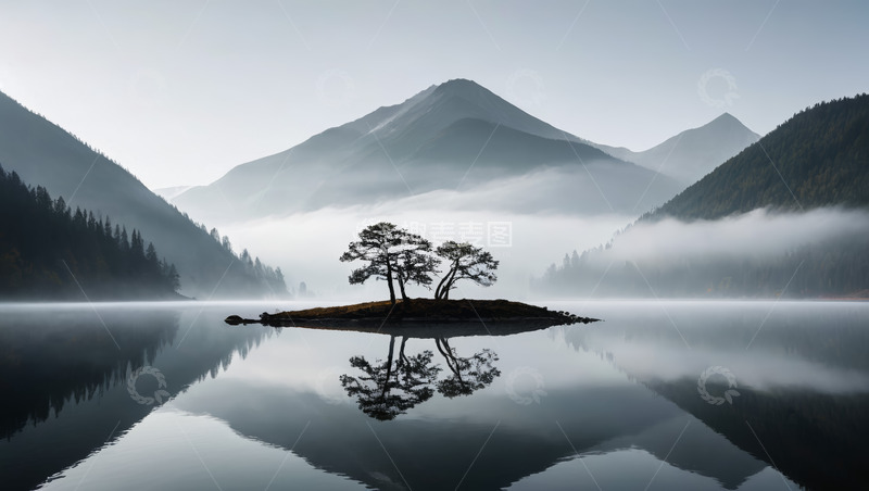 高清大图下载【趣麦麦图】山水间湖心小岛与树木景观