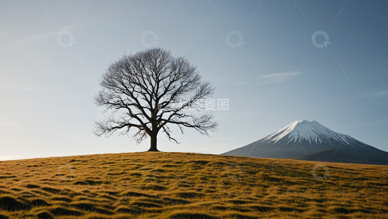 高清大图下载【趣麦麦图】山丘上的孤树与远处富士山