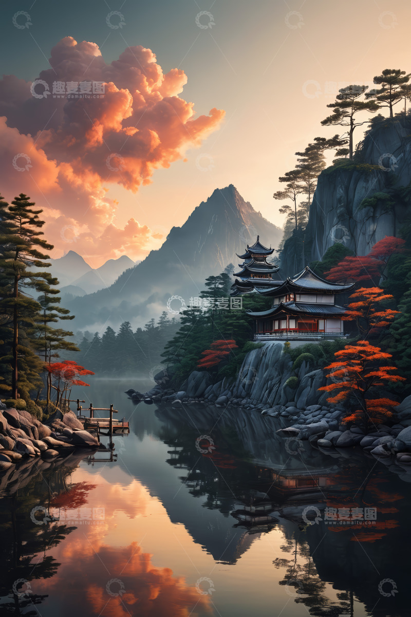 高清大图下载【趣麦麦图】山水间中式古建筑风景