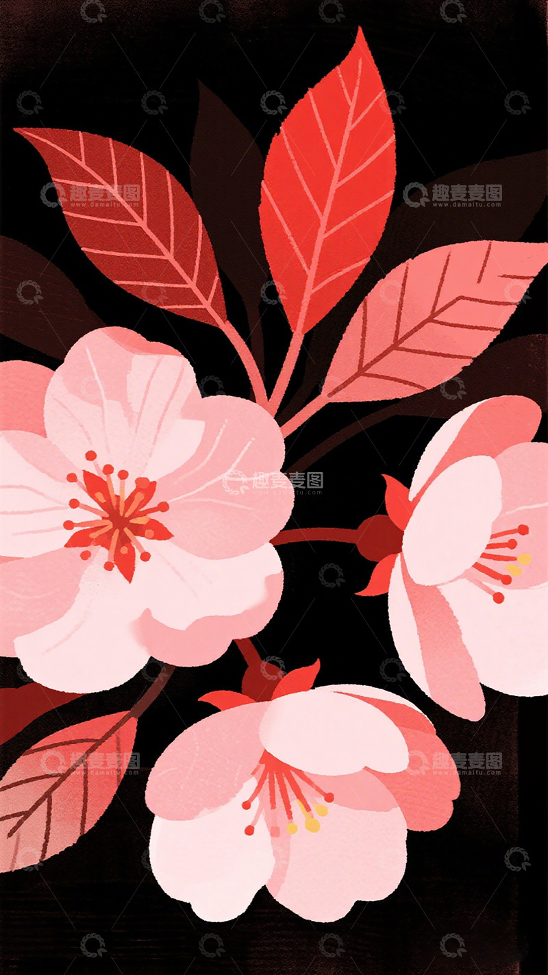 高清大图下载【趣麦麦图】插画风格樱花图案壁纸设计素材