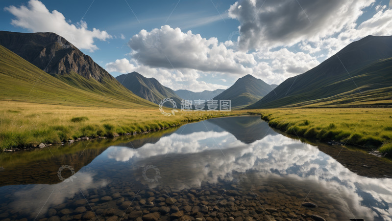 高清大图下载【趣麦麦图】山景草地间的宁静溪流