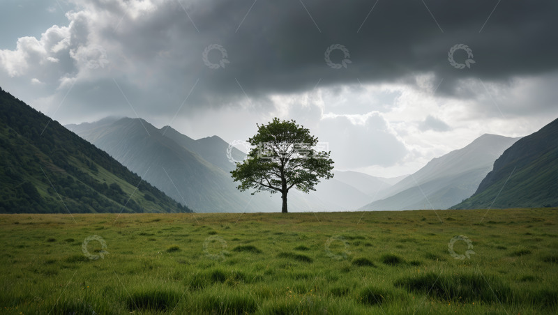高清大图下载【趣麦麦图】山间草原上的孤独树木景观