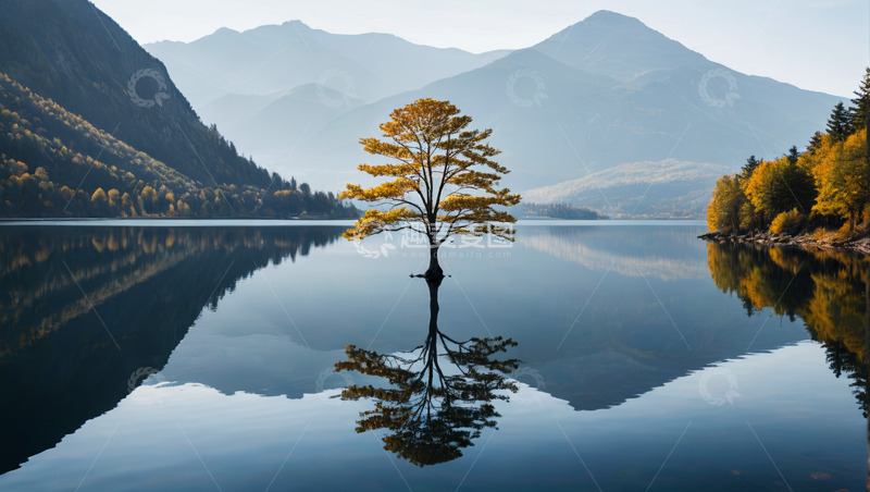 高清大图下载【趣麦麦图】湖畔孤树与山水倒影景观